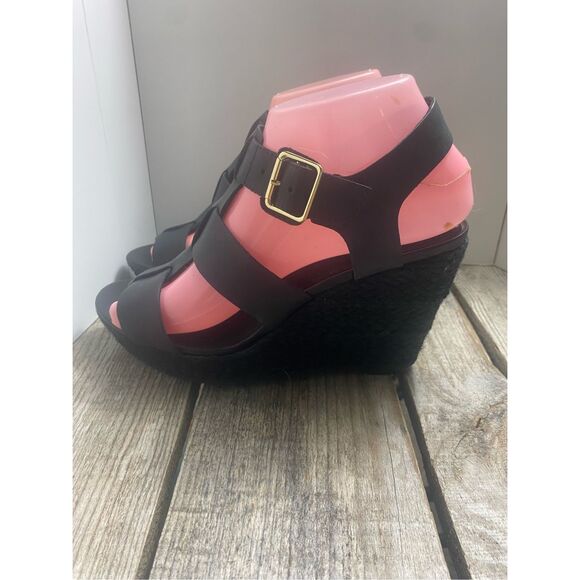 Clarks Black Leather Wedge Sandals Women’s Size 8 Strappy Espadrille Platform Sh - Picture 4 of 7